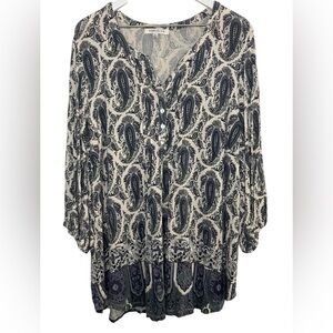 Rose & Olive Boho Paisley 1/4 Button Blouse Long Sleeve Artsy Eclectic Blue 2X